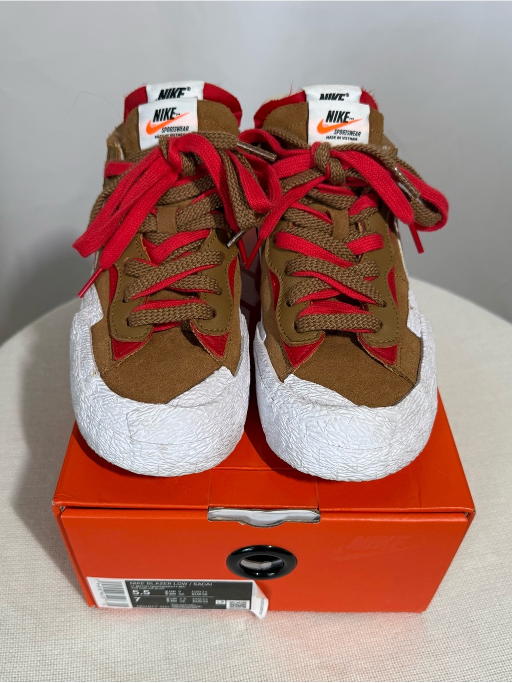 Nike Blazer Low x Sacai British Tan University Red  Women’s 7 Men’s 5.5